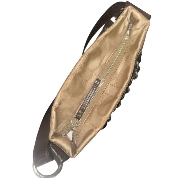 Coach Purse Khaki Sateen Signature Canvas Brown Leather Chain Bag F18862 Convert - Picture 7 of 9